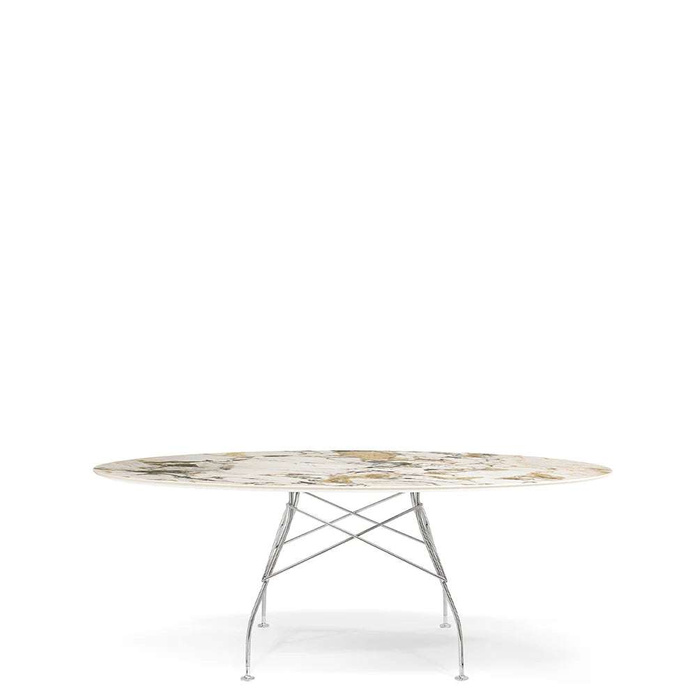 Round marble table with metal legs on a white background