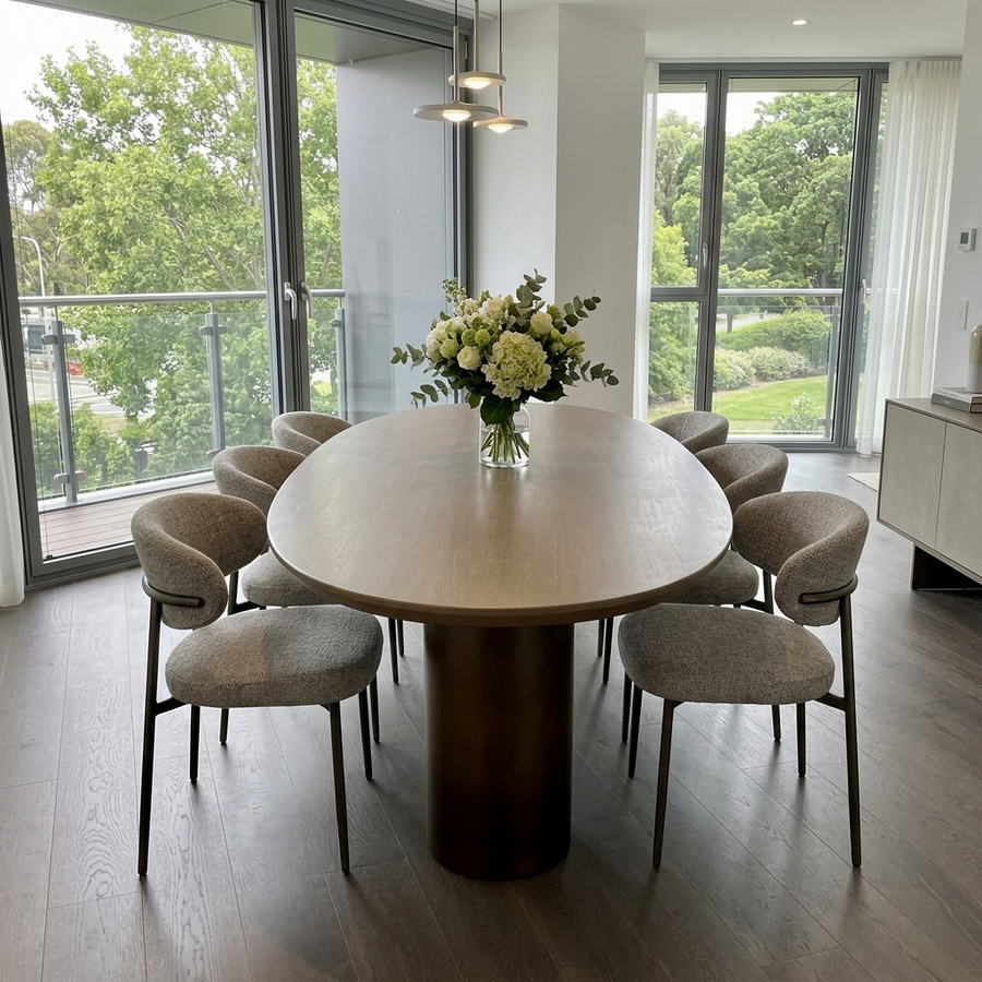 Adela Dining Table by Boyd Blue – smoke top with bronze base, image 1 of 6