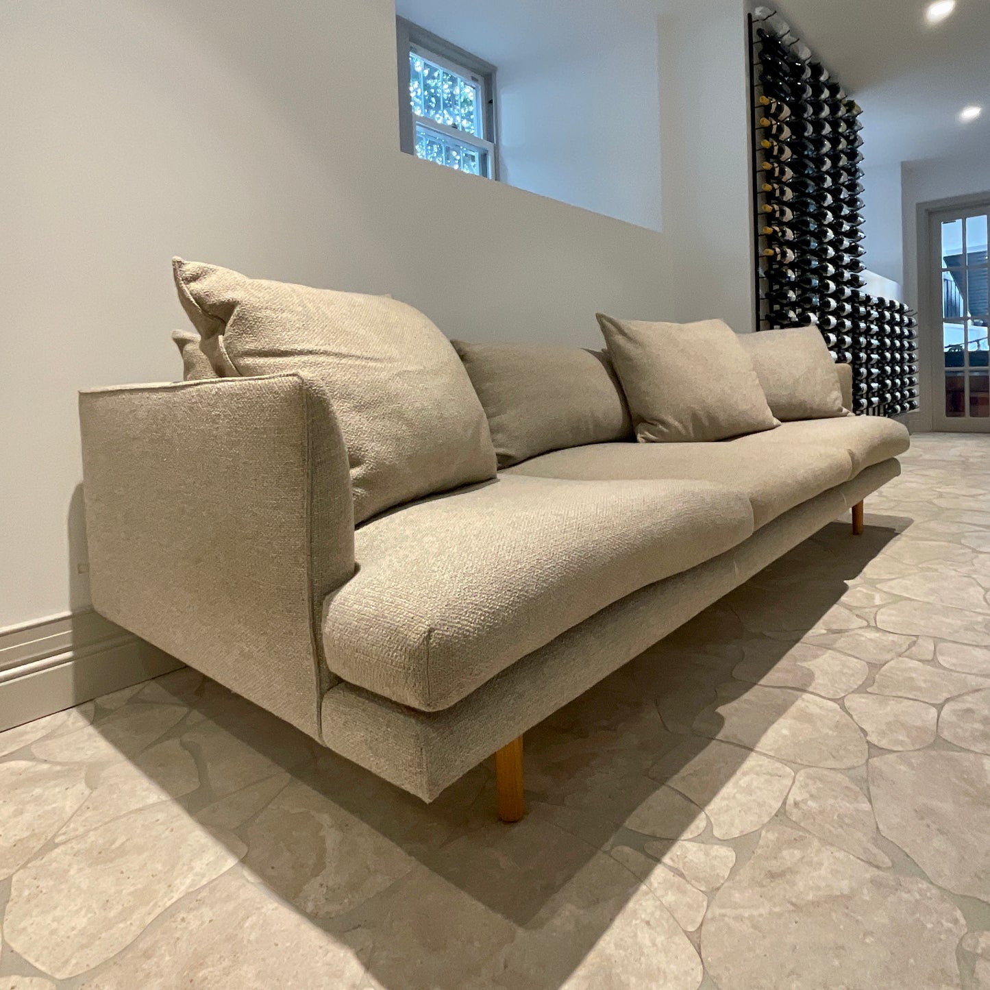 Jardan Nook 3.5 seat deep sofa in neutral upholstery with timber legs pre-owned designer furniture