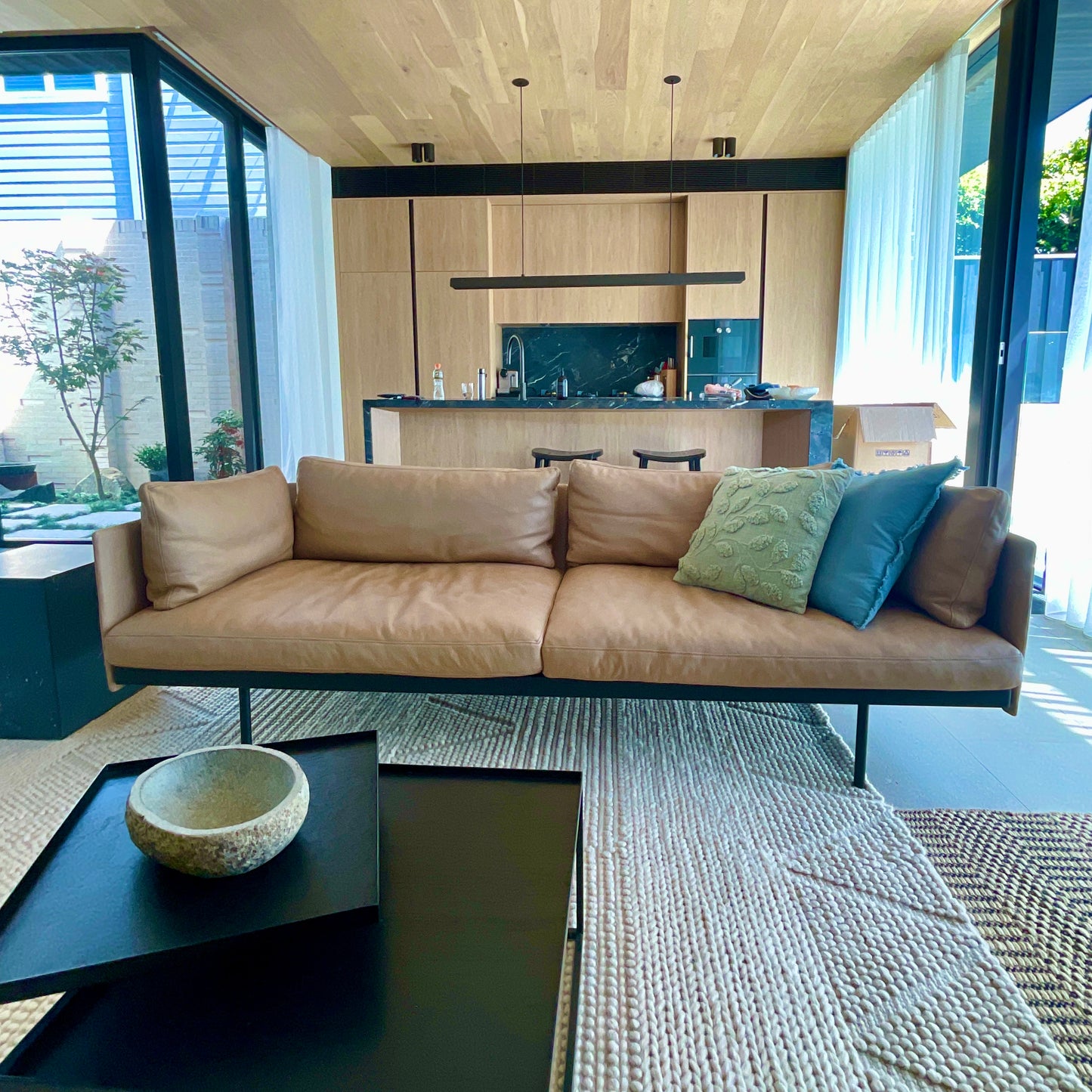 Natadora Bureau Sofa in Desert-Montana leather with steel base, pre-owned designer furniture