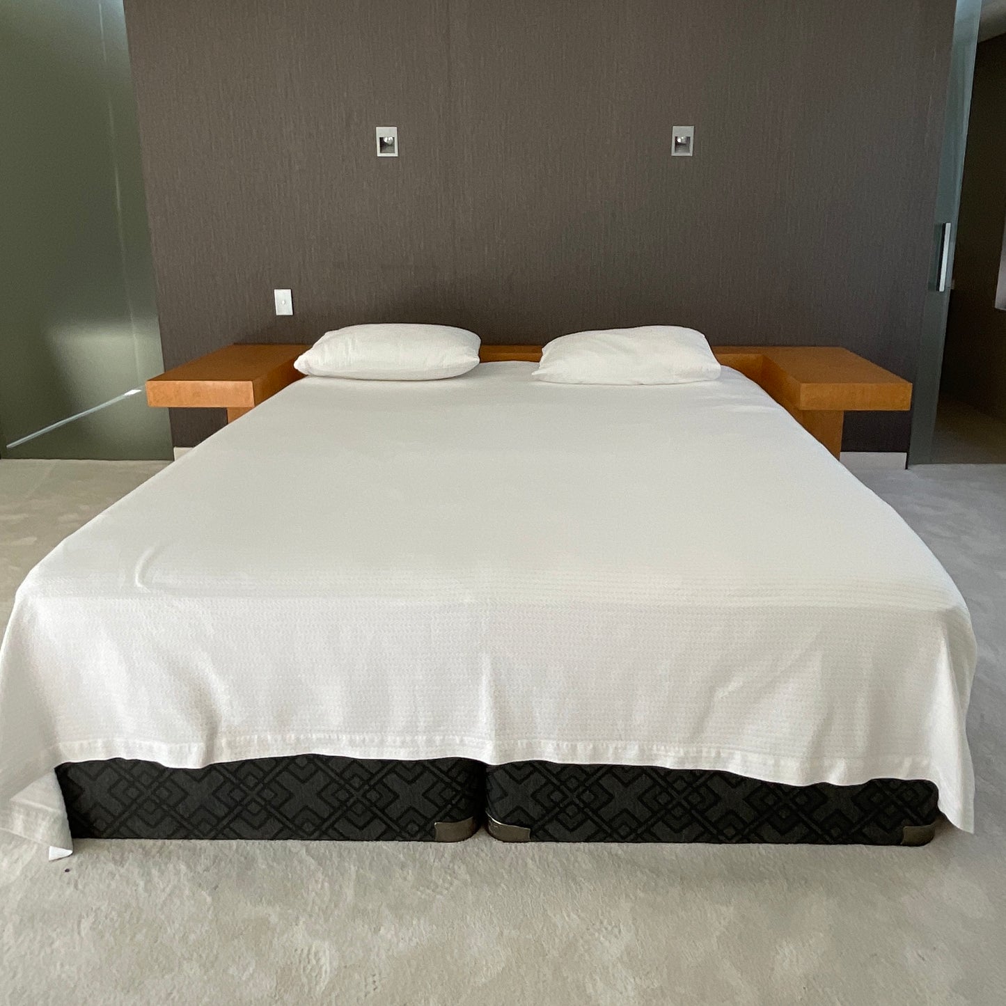 Bespoke king size birds eye maple headboard with side tables by James Salmond pre-owned designer furniture