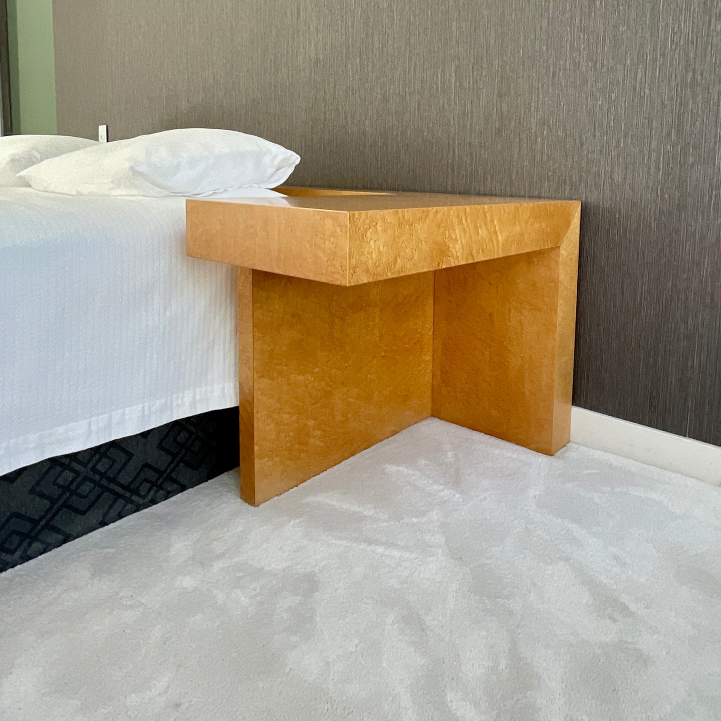 James Salmond bespoke king headboard with integrated side tables in birds eye maple, pre-owned designer furniture
