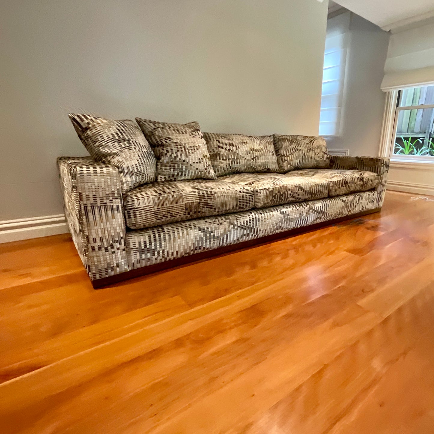 Brutus Sofa by Lounge Designer Furniture with timber plinth base, pre-owned designer furniture