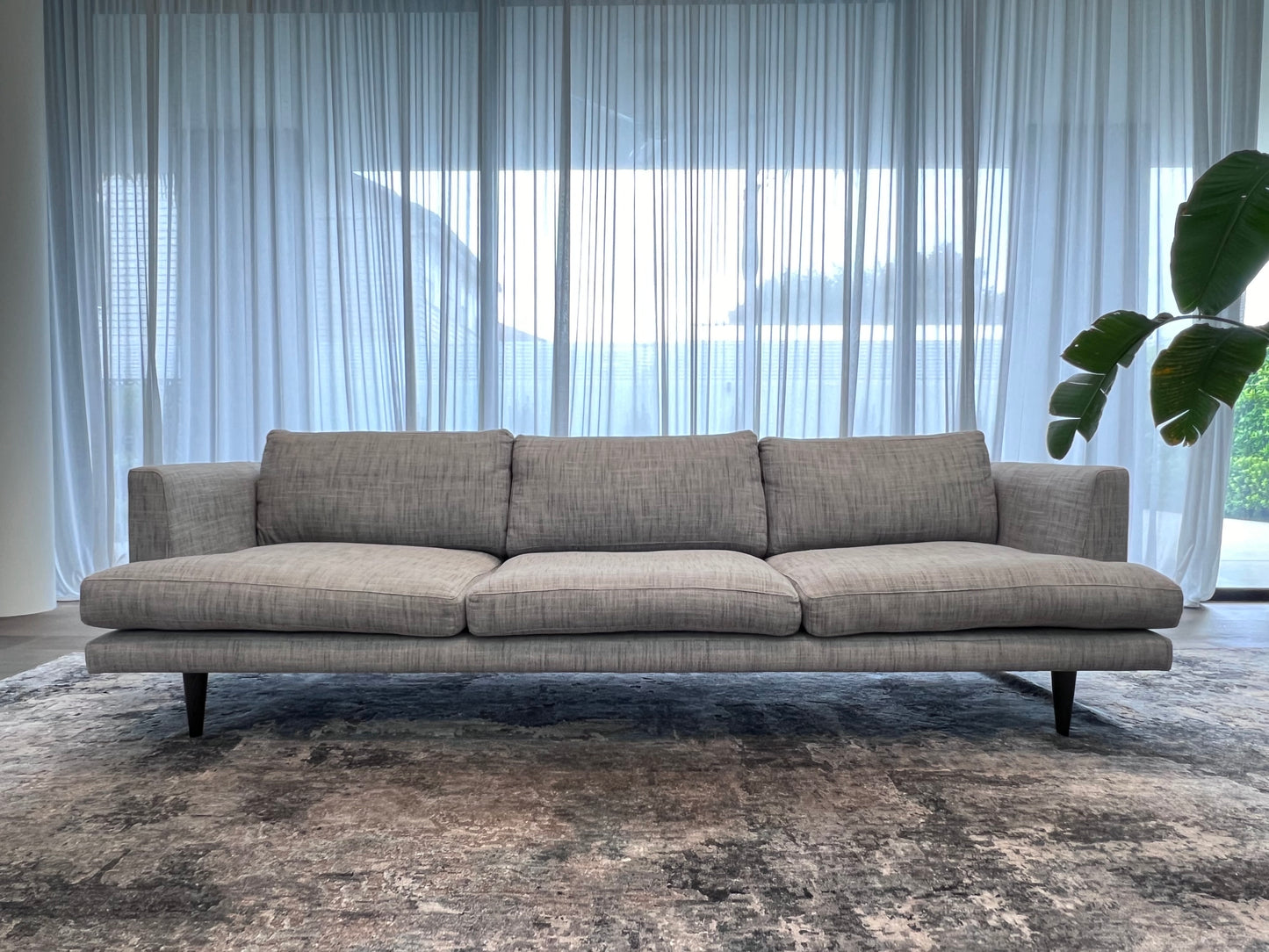 Arthur G Felix four seat sofa in Mokum Birch fabric with black legs, pre-owned designer furniture