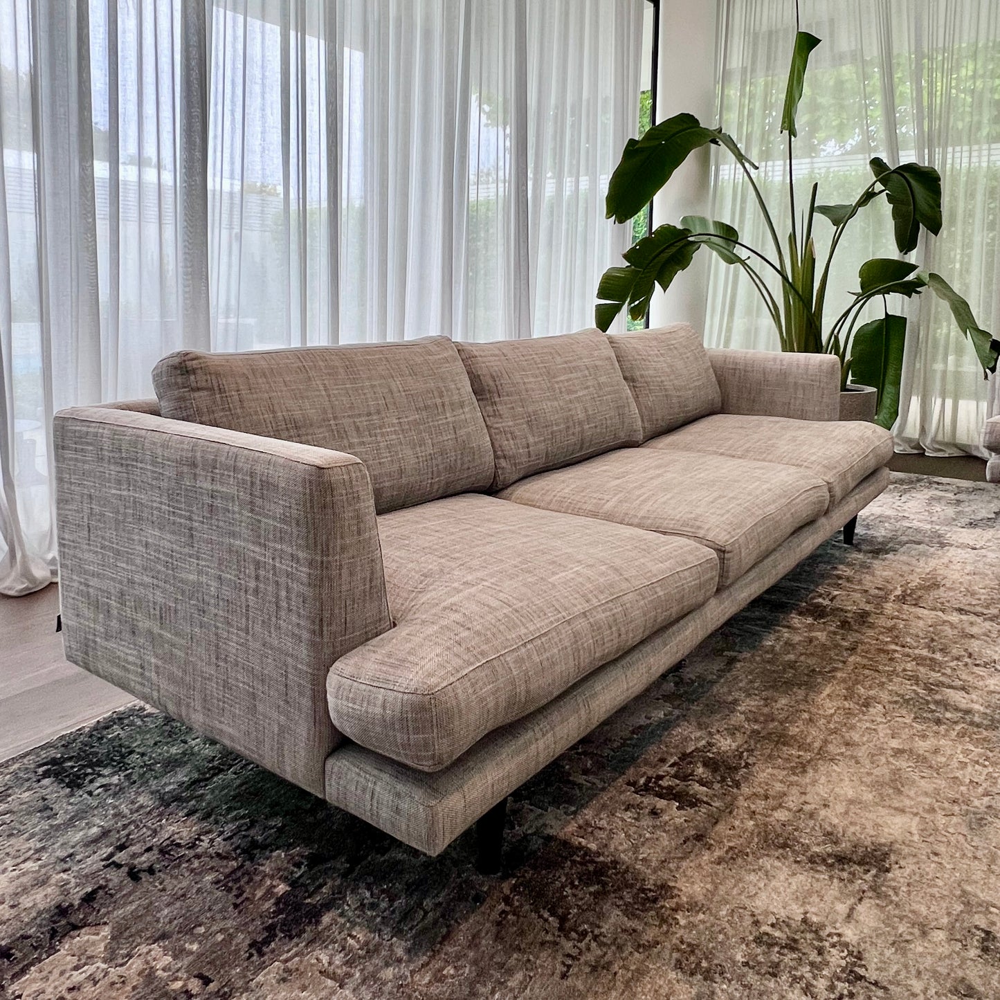 Arthur G Felix four-seater sofa in Mokum Birch fabric, pre-owned designer furniture