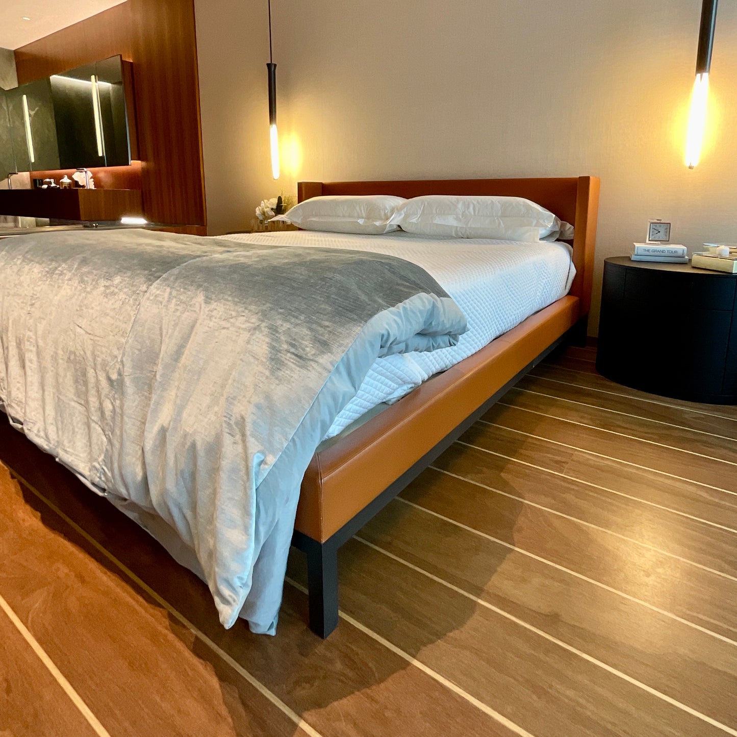 Christian Liaigre Omen king bed in saddle leather with oak frame, pre-owned designer furniture