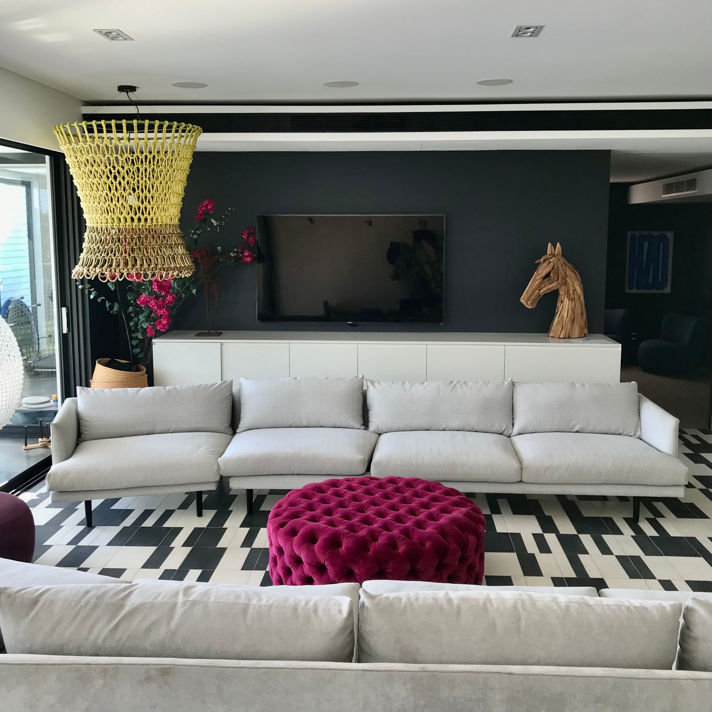 Jardan Nook Modular Sofa in herringbone fabric with American Oak legs, pre-owned designer furniture