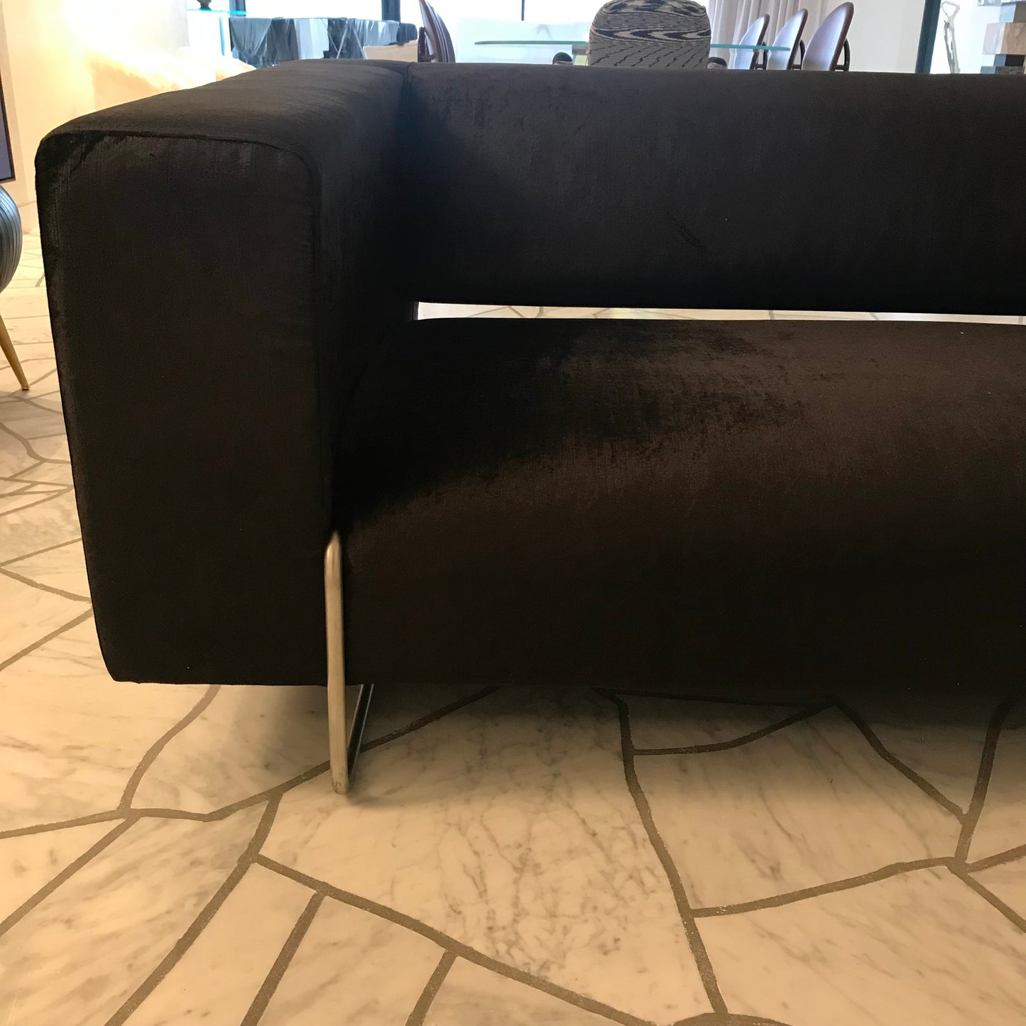James Salmond custom three seat sofa in black velvet on stainless steel base, pre-owned designer furniture