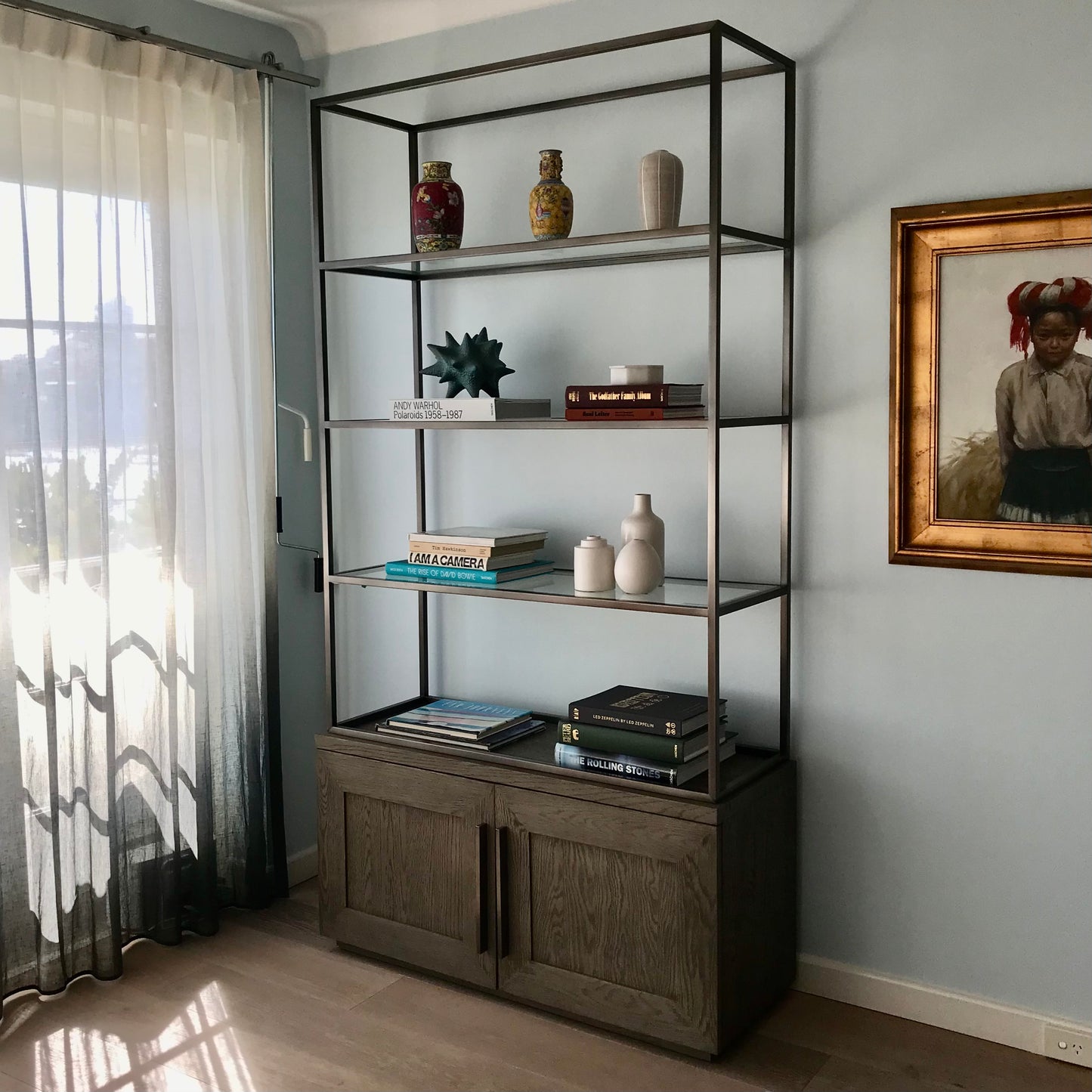Restoration Hardware Machinto Hutch in American white oak with metal shelving, pre-owned designer furniture