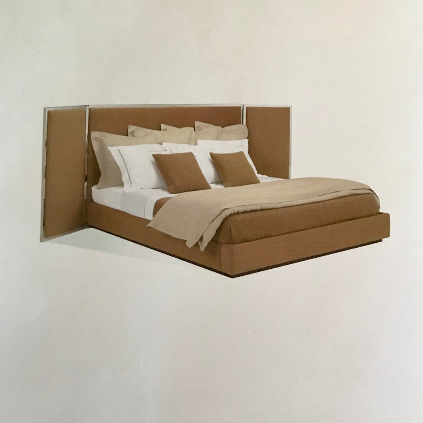 Ralph Lauren City Modern queen bed in camel wool with chrome frame, pre-owned designer furniture