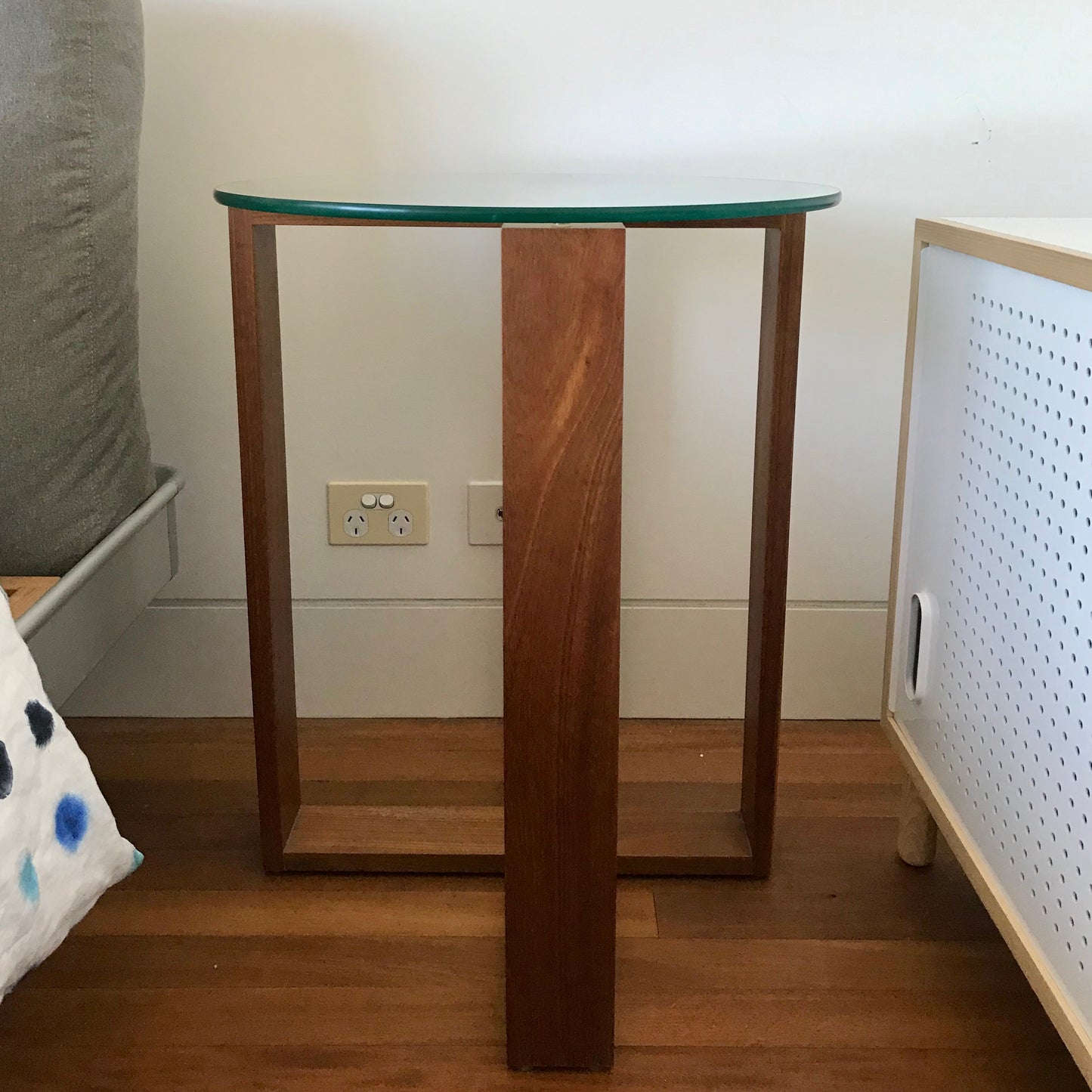 Planet Furniture Cruciform Side Table with spotted gum frame and glass top, pre-owned designer furniture