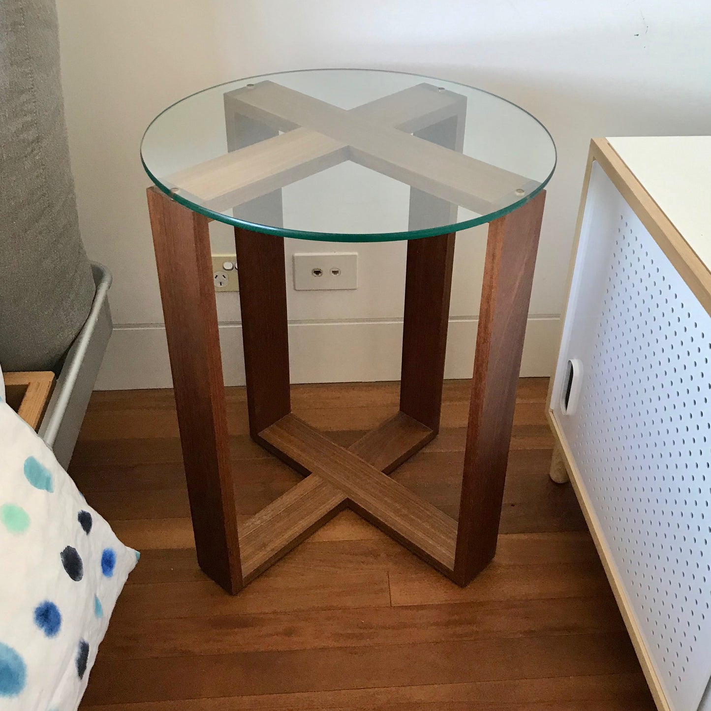 Planet Cruciform side table with spotted gum frame and glass top, pre-owned designer furniture