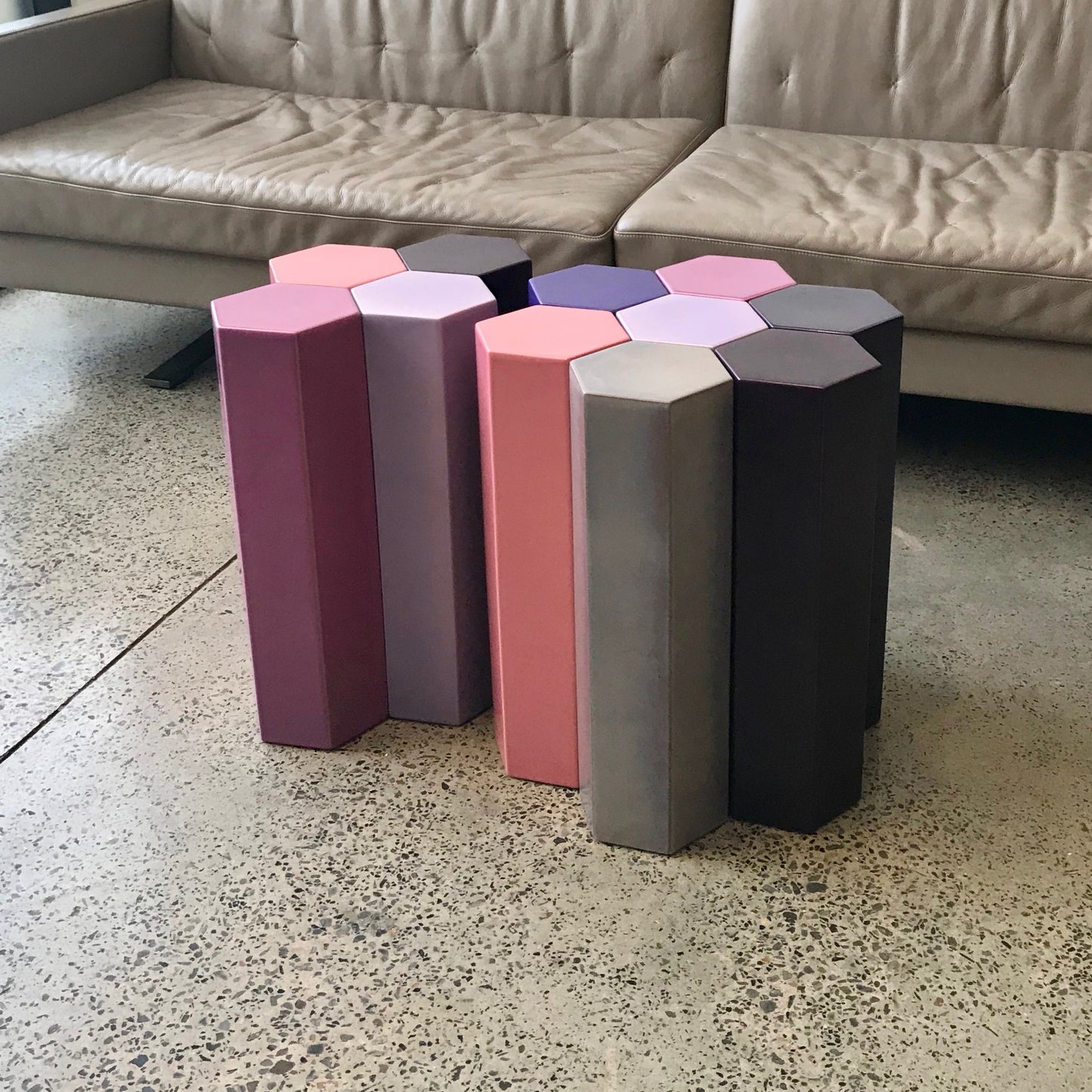 Ondene MUC4 side tables by Christophe Delcourt with colourful ceramic hexagons, pre-owned designer furniture