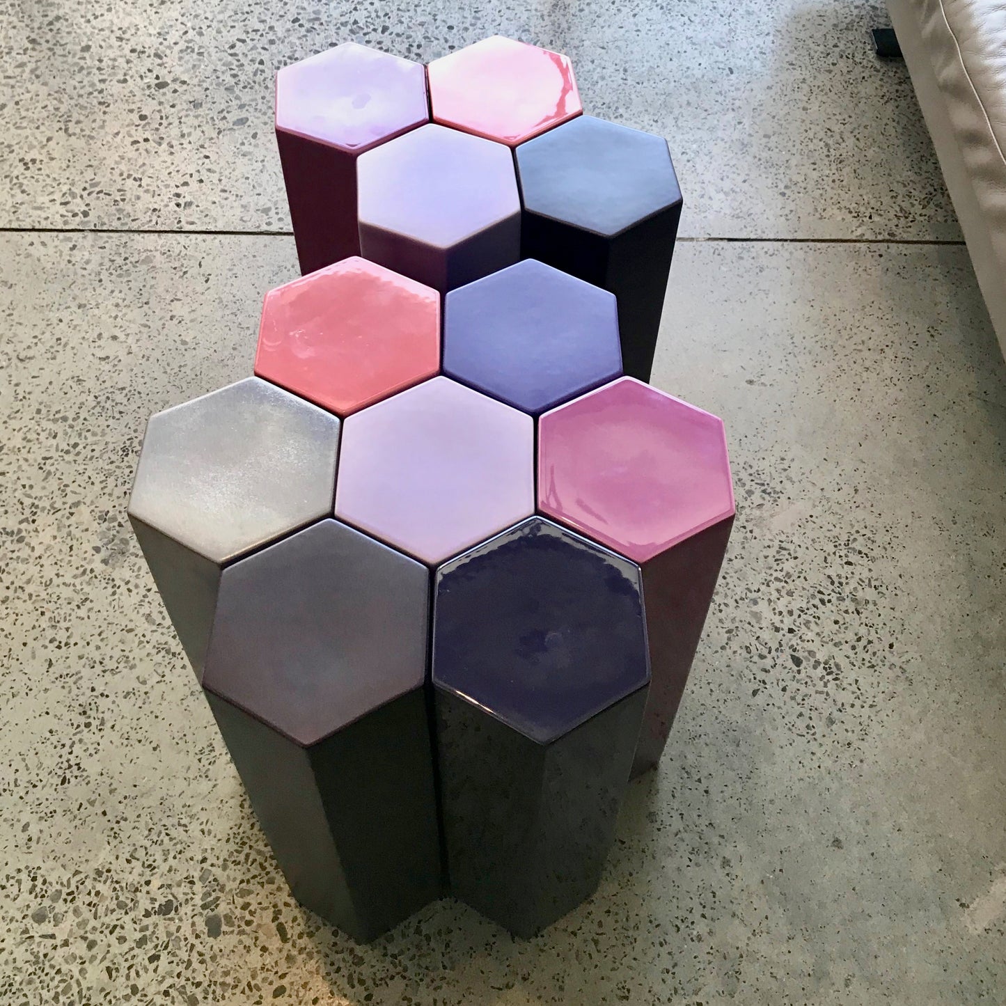 Ondene MUC4 side table by Christophe Delcourt with ceramic hexagons, pre-owned designer furniture