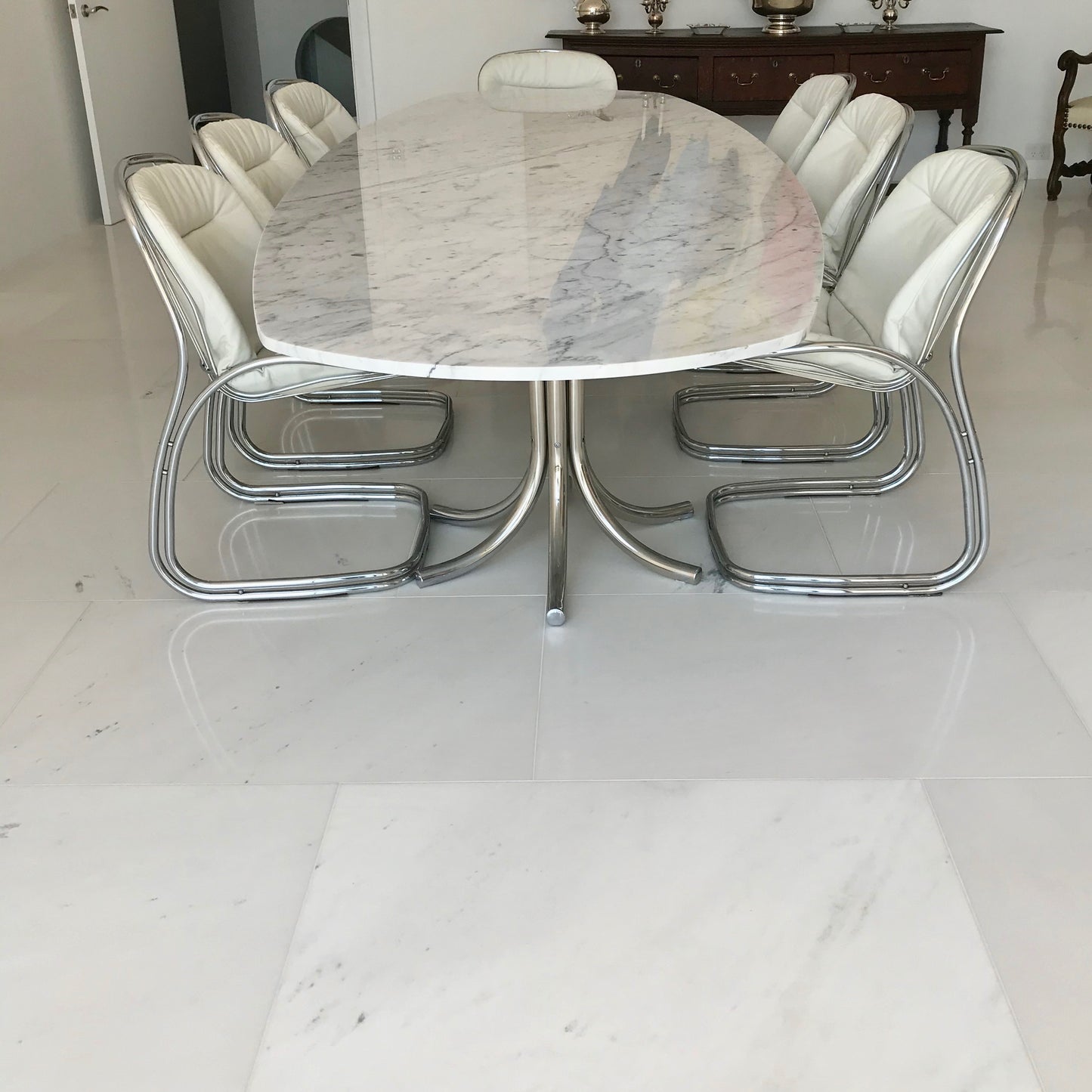 Vintage Chrome Base Dining Table with Stone Top