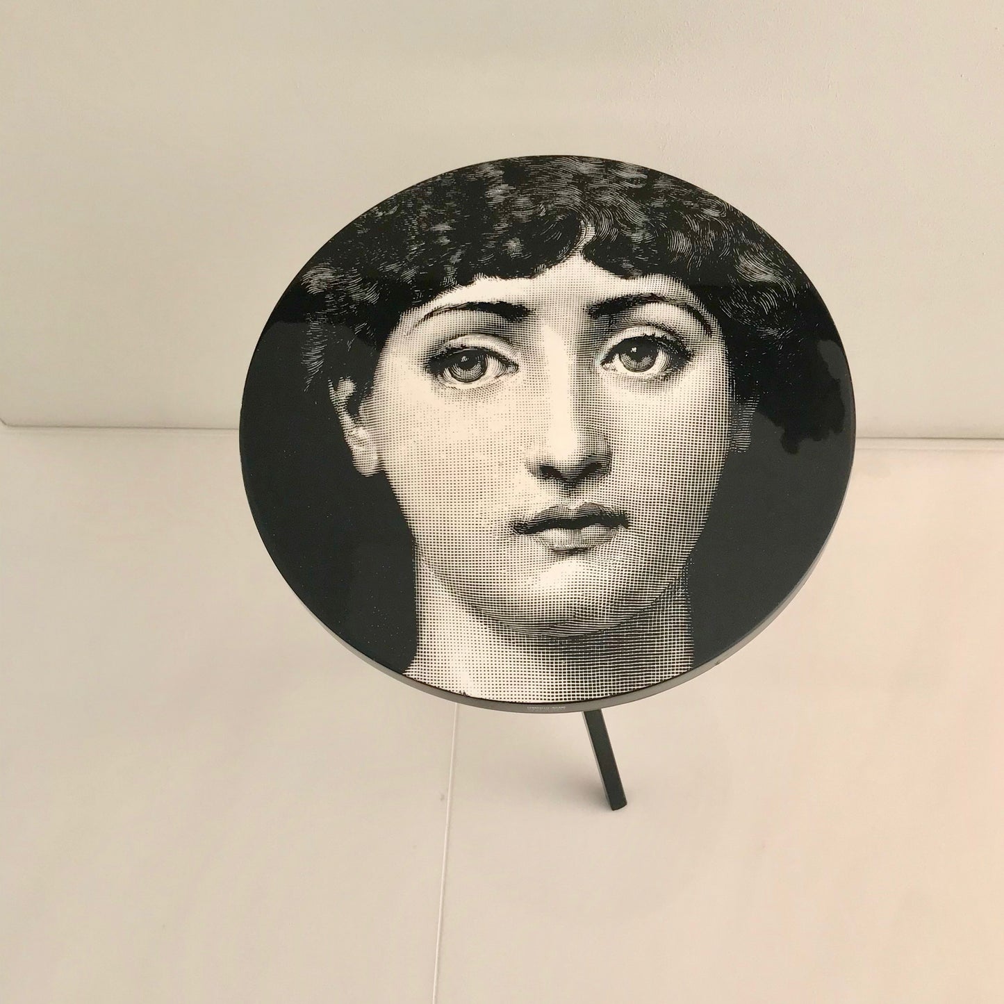 Fornasetti No. 6 accent table with Lina Cavalieri portrait on tripod base, pre-owned designer furniture