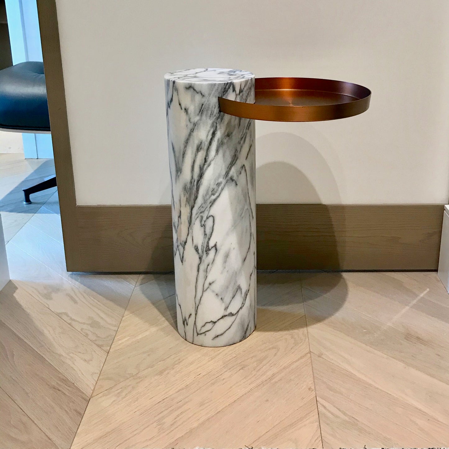 La Chance Salute side table with white marble column and copper tray, pre-owned designer furniture
