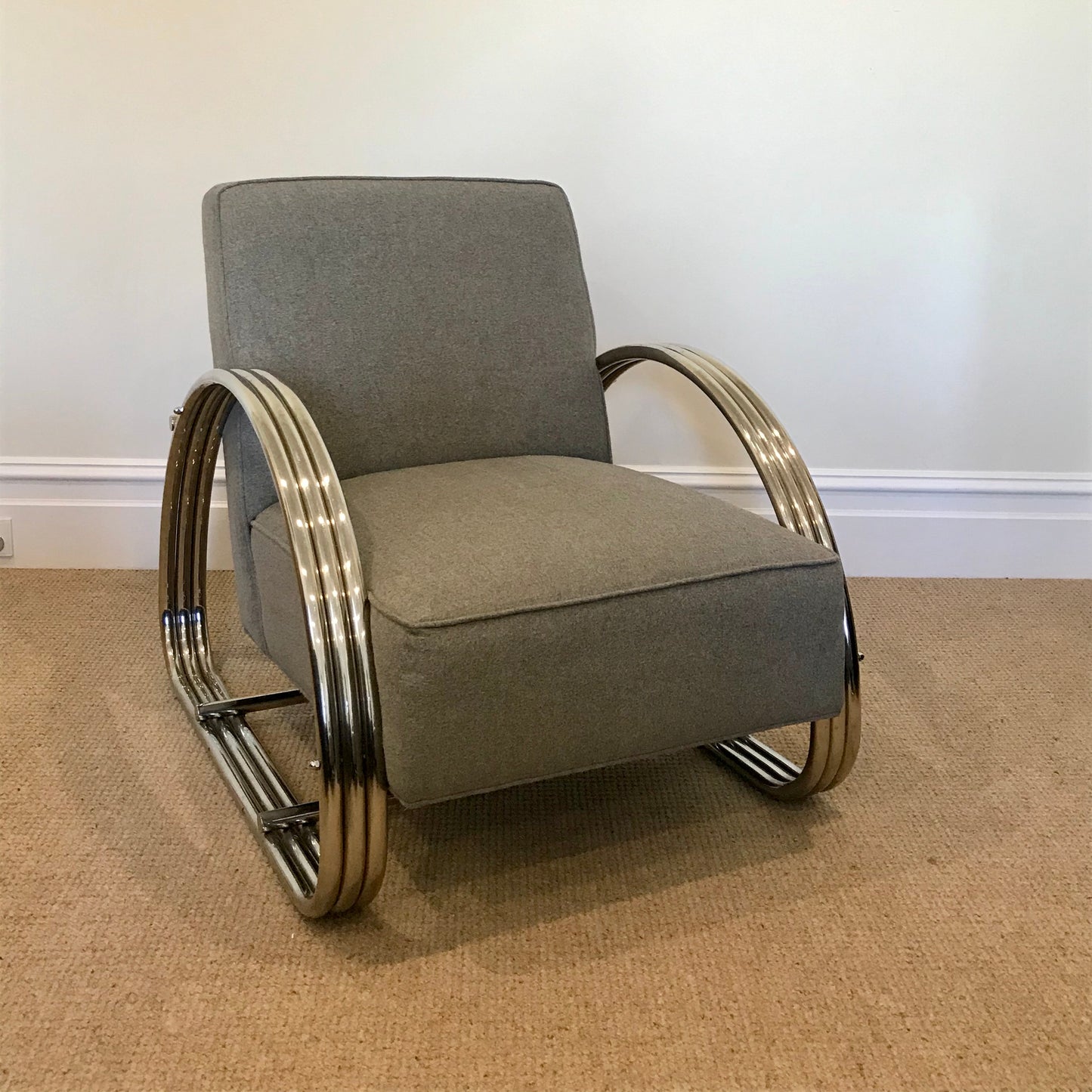 Ralph Lauren Hudson Street lounge chair in grey wool with polished steel base, pre-owned designer furniture