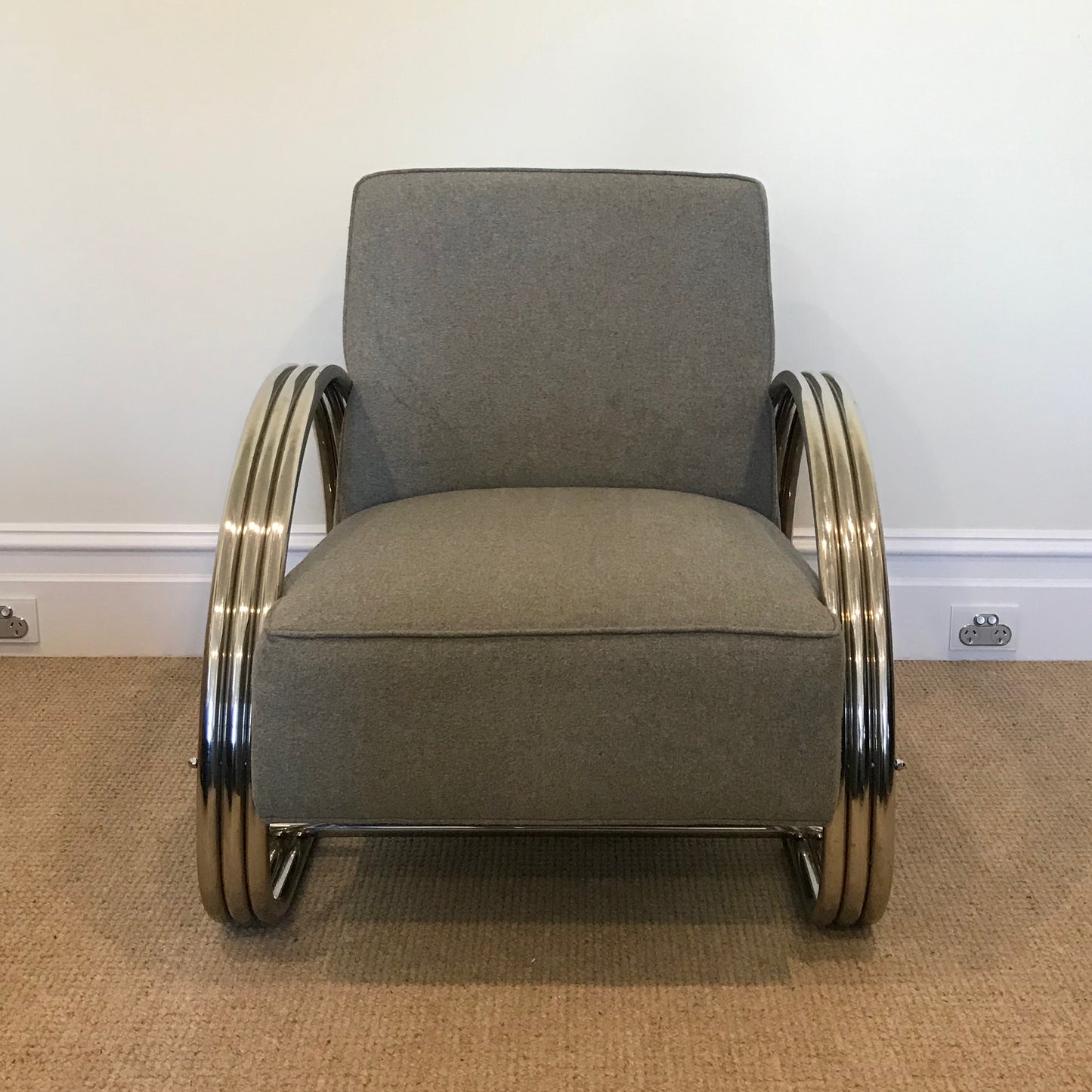 Ralph Lauren Hudson Street lounge chair in grey wool with steel arms, pre-owned designer furniture