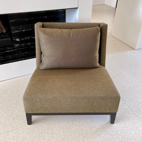 Christian Liaigre Latin lounge chair in brown fabric with dark wood frame, pre-owned designer furniture