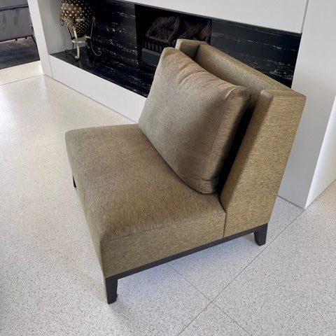 Christian Liaigre Latin lounge chair in brown fabric with dark wood frame, pre-owned designer furniture